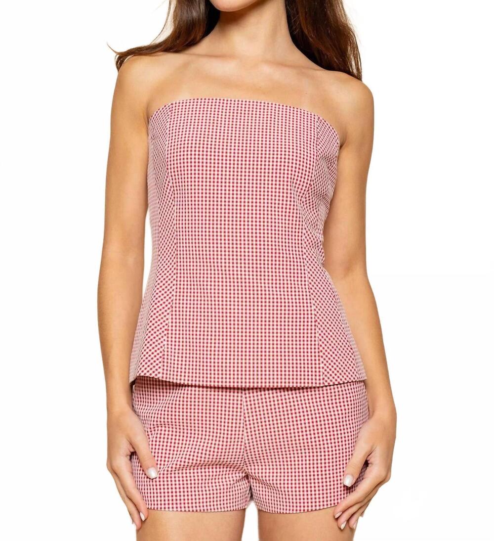 NEW FORE COLLECTION gingham strapless top in white/red